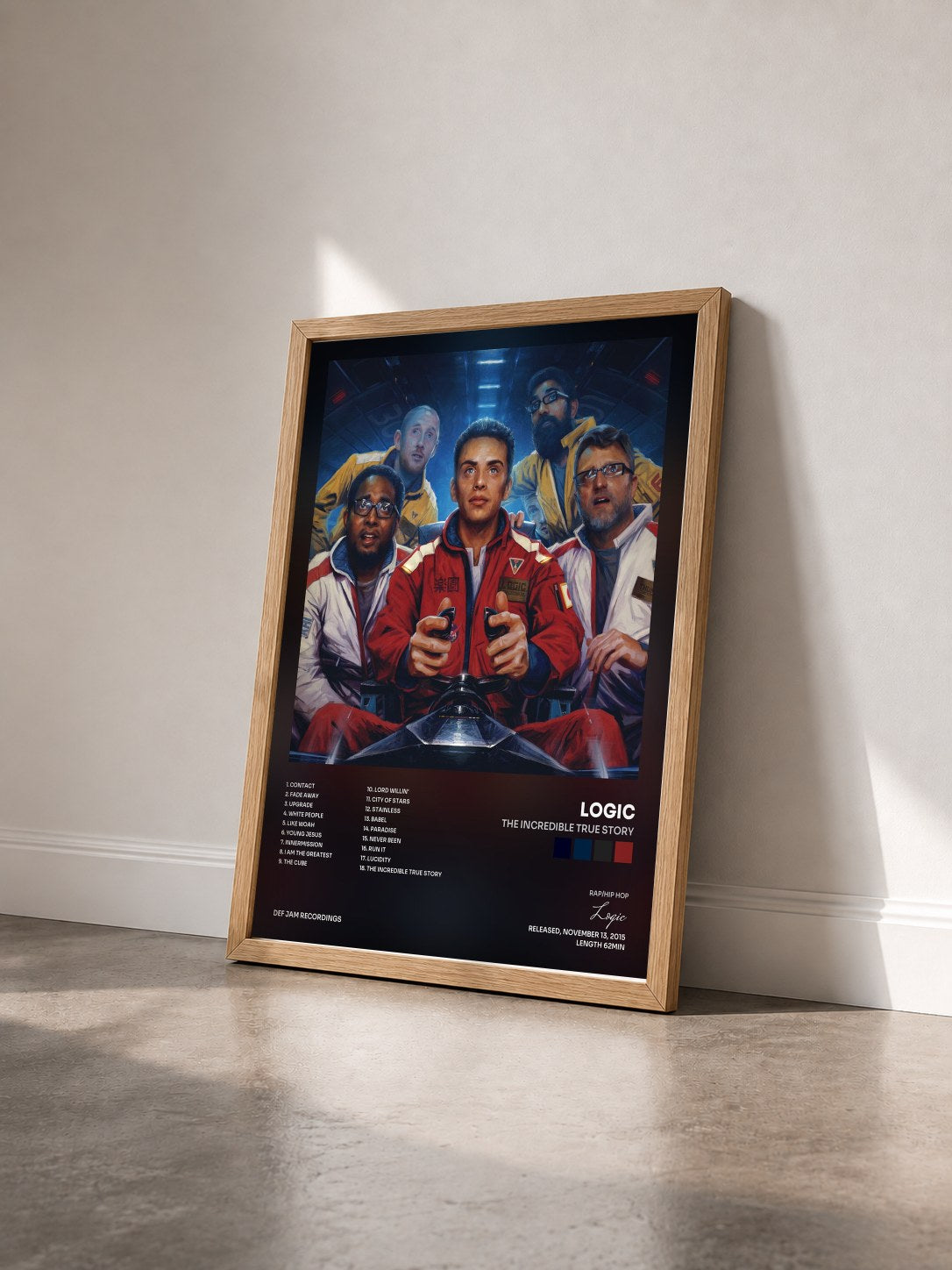 #bois Tableau de l'album The Incredible True Story de Logic vu de trois quarts, cadre en bois brut
