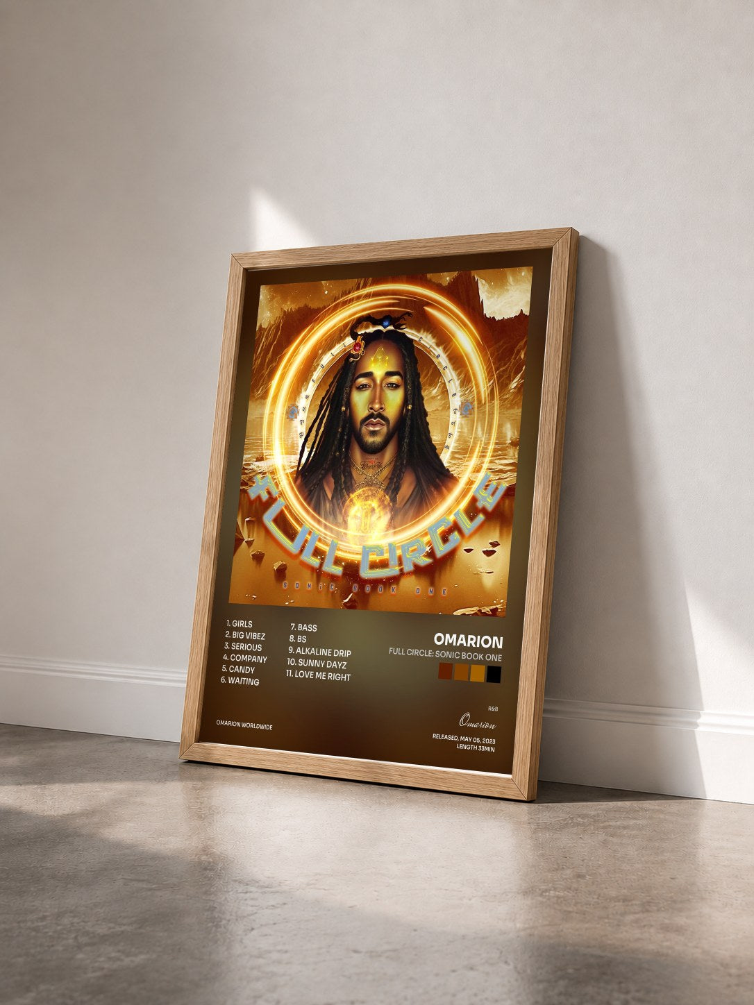 #bois Tableau de l'album Full Circle: Sonic Book One de Omarion vu de trois quarts, cadre en bois brut