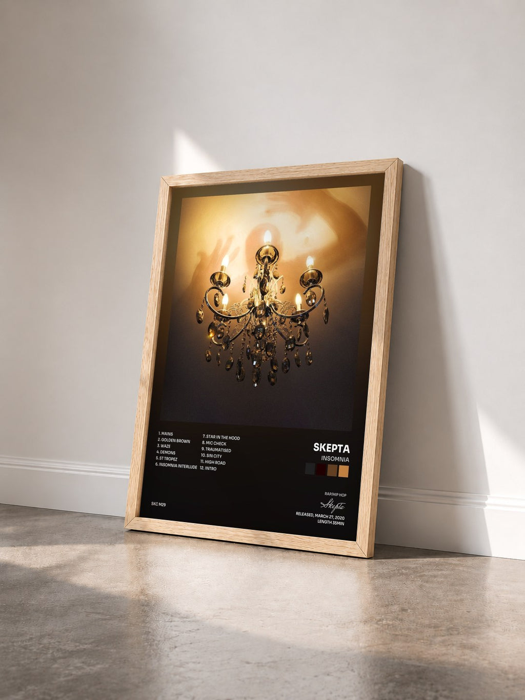 #bois Tableau de l'album Insomnia de Skepta vu de trois quarts, cadre en bois brut