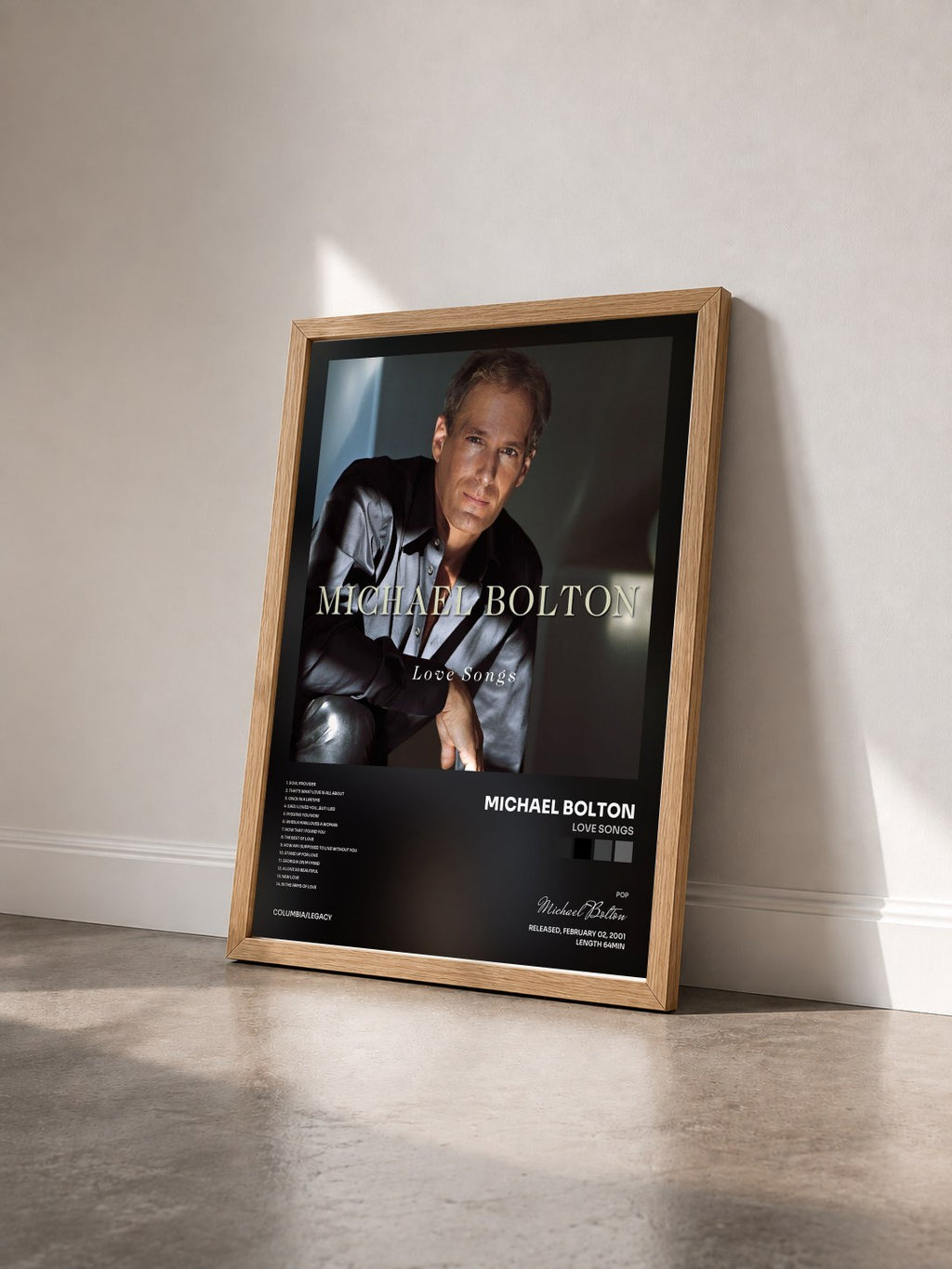 #bois Tableau de l'album Love Songs de Michael Bolton vu de trois quarts, cadre en bois brut