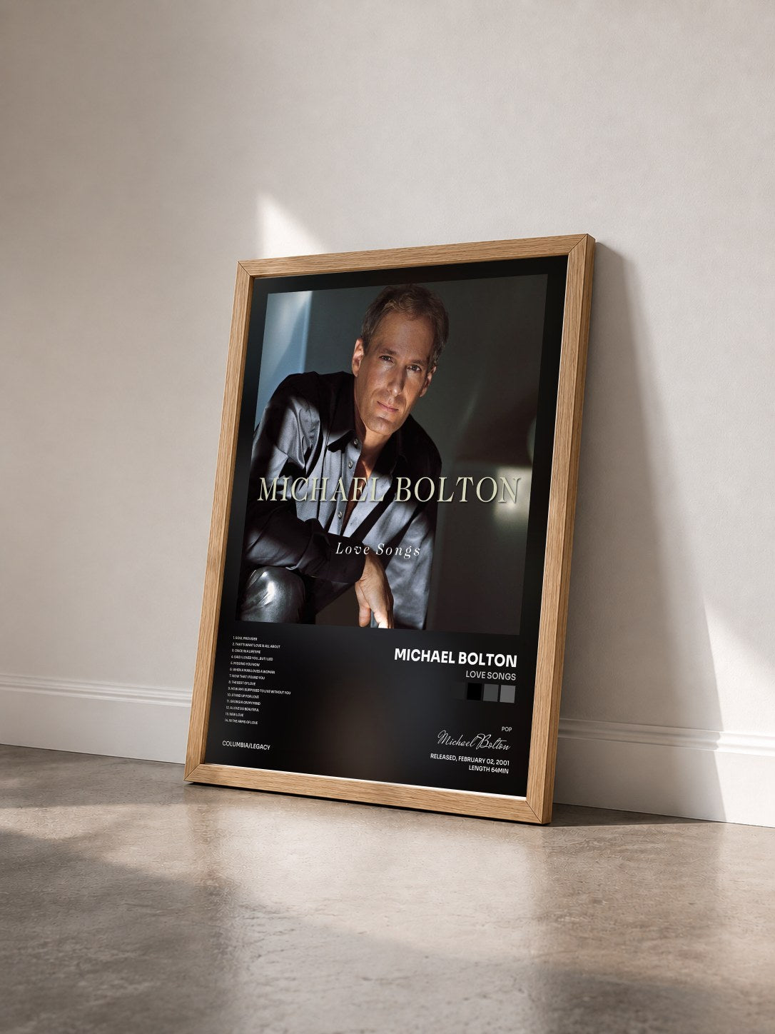 #bois Tableau de l'album Love Songs de Michael Bolton vu de trois quarts, cadre en bois brut