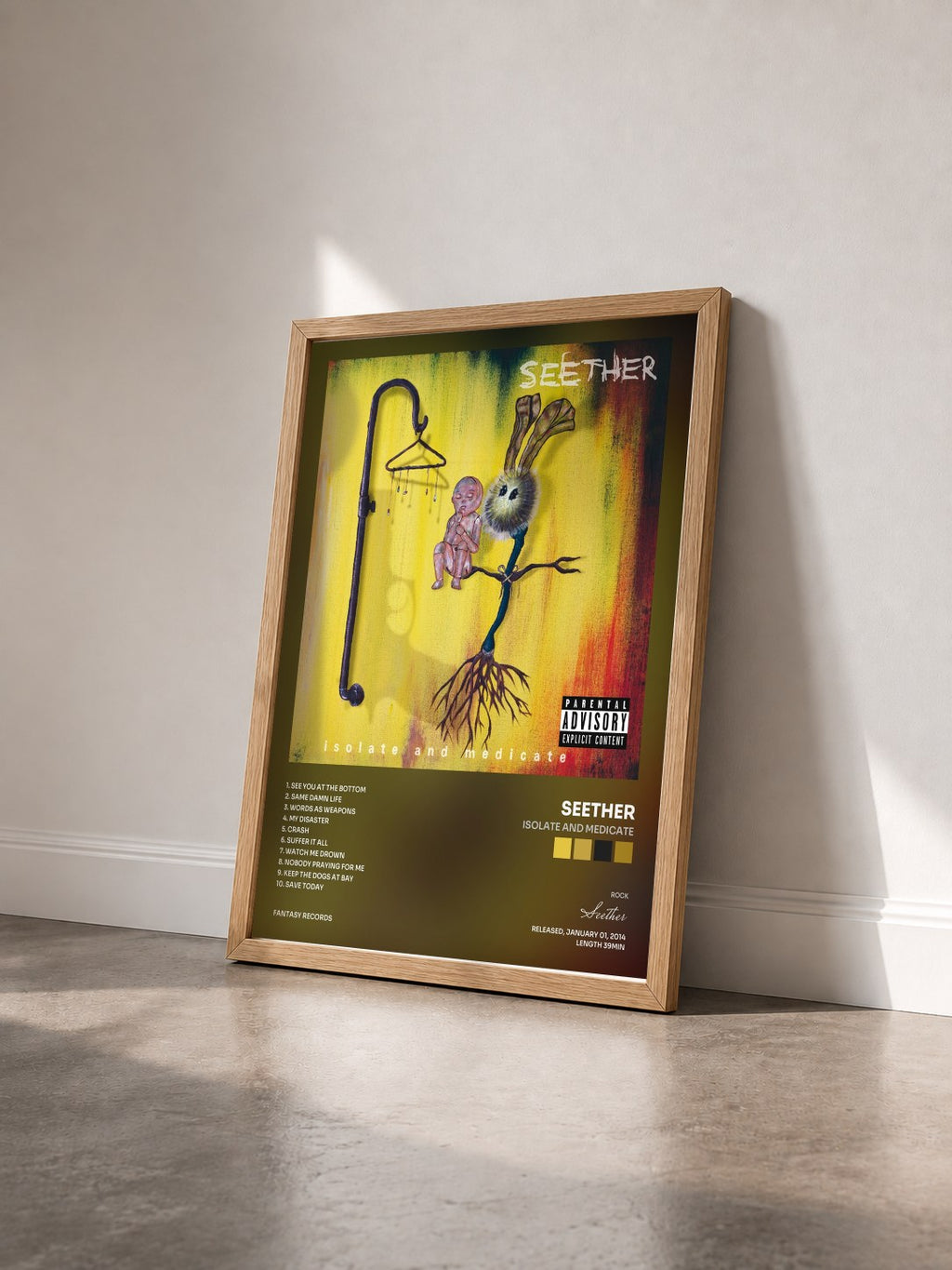 #bois Tableau de l'album Isolate And Medicate de Seether vu de trois quarts, cadre en bois brut