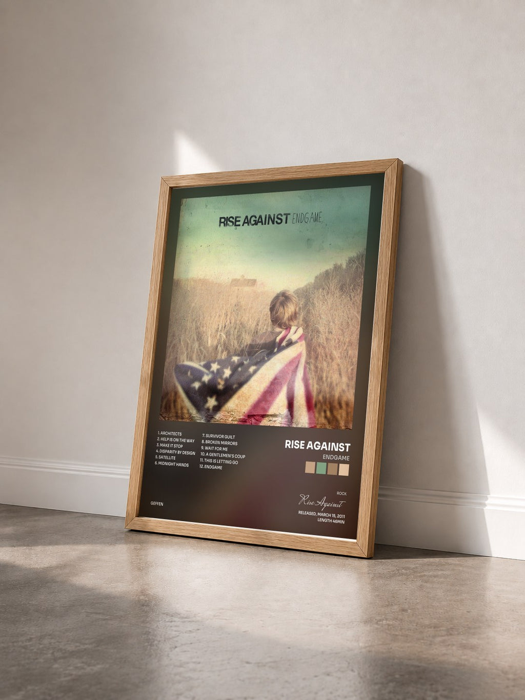 #bois Tableau de l'album Endgame de Rise Against vu de trois quarts, cadre en bois brut