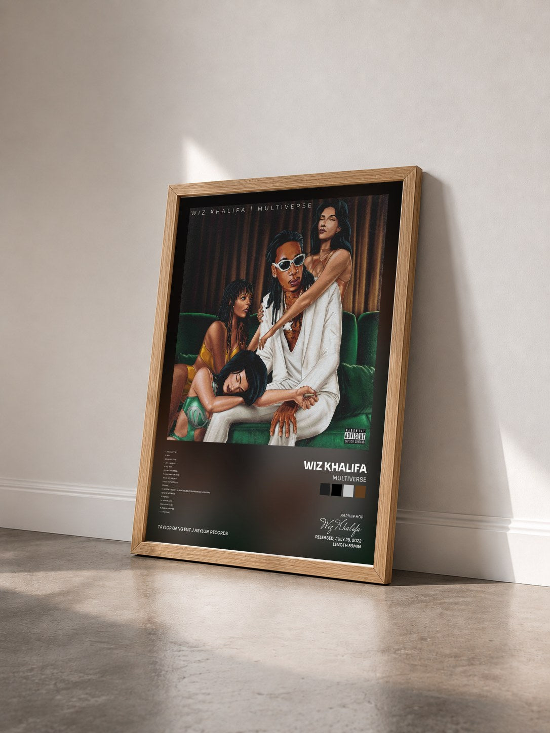 #bois Tableau de l'album Multiverse de Wiz Khalifa vu de trois quarts, cadre en bois brut