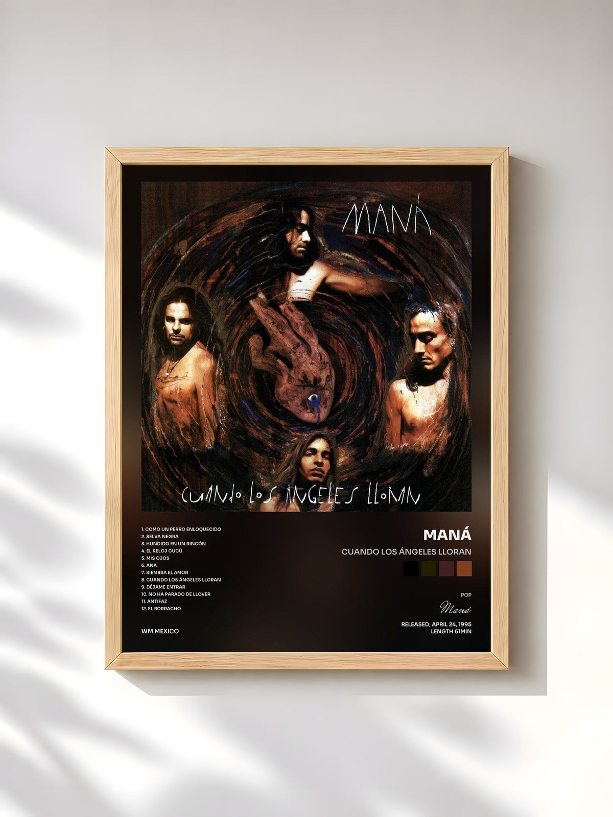 #bois Tableau de l'album Cuando Los Ángeles Lloran de Maná, cadre en bois brut, imprimé et encadré en France