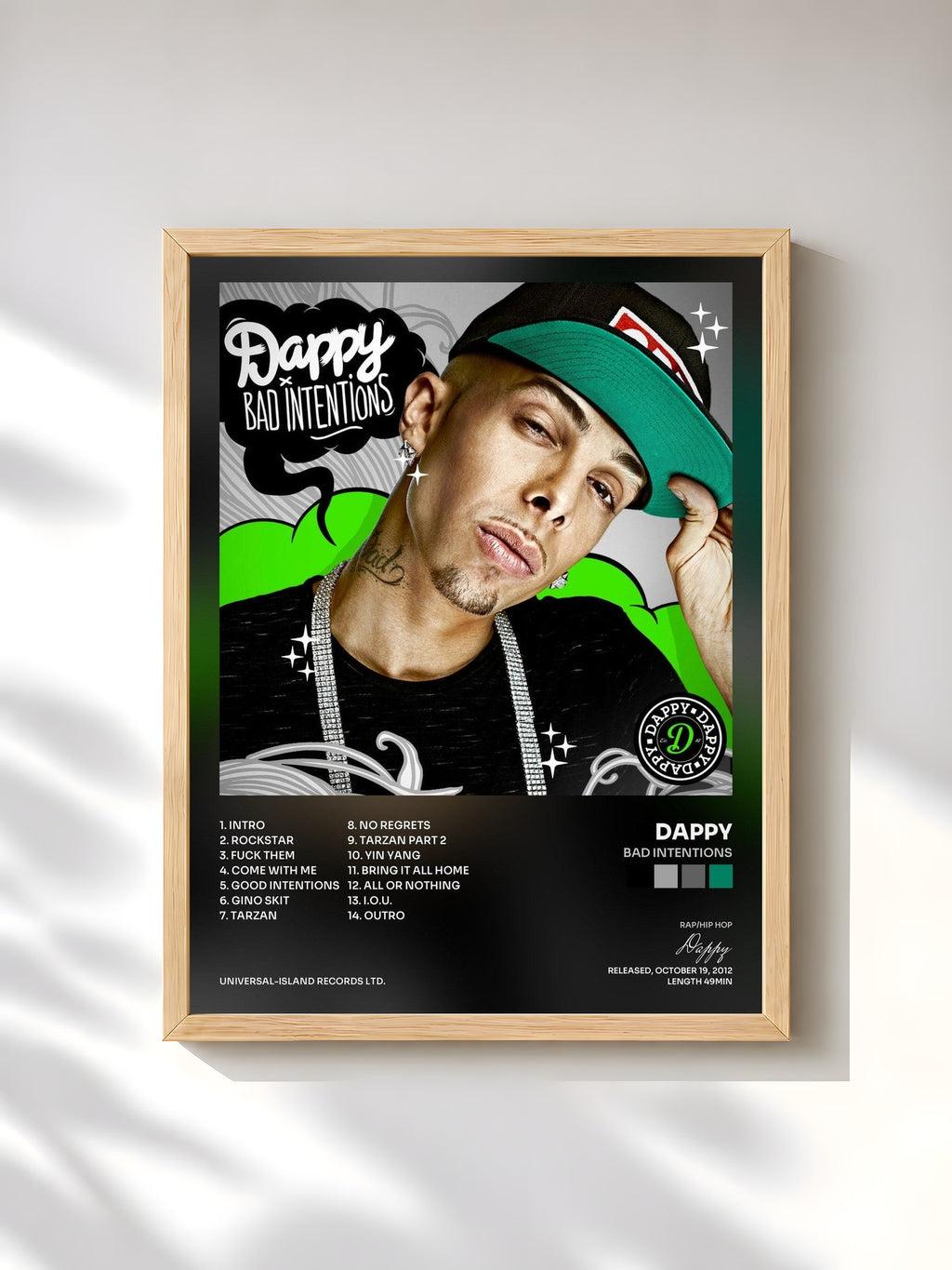 #bois Tableau de l'album Bad Intentions de Dappy, cadre en bois brut, imprimé et encadré en France