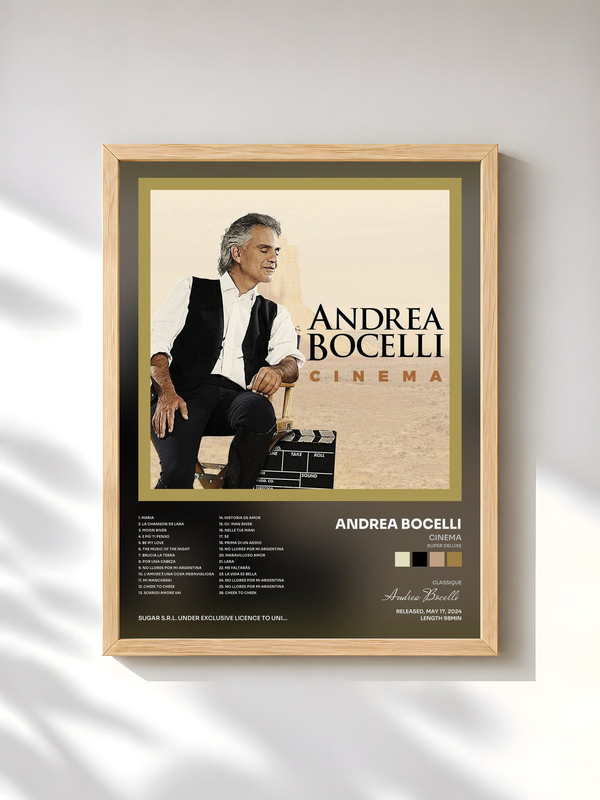 #bois Tableau de l'album Cinema (Super Deluxe) de Andrea Bocelli, cadre en bois brut, imprimé et encadré en France