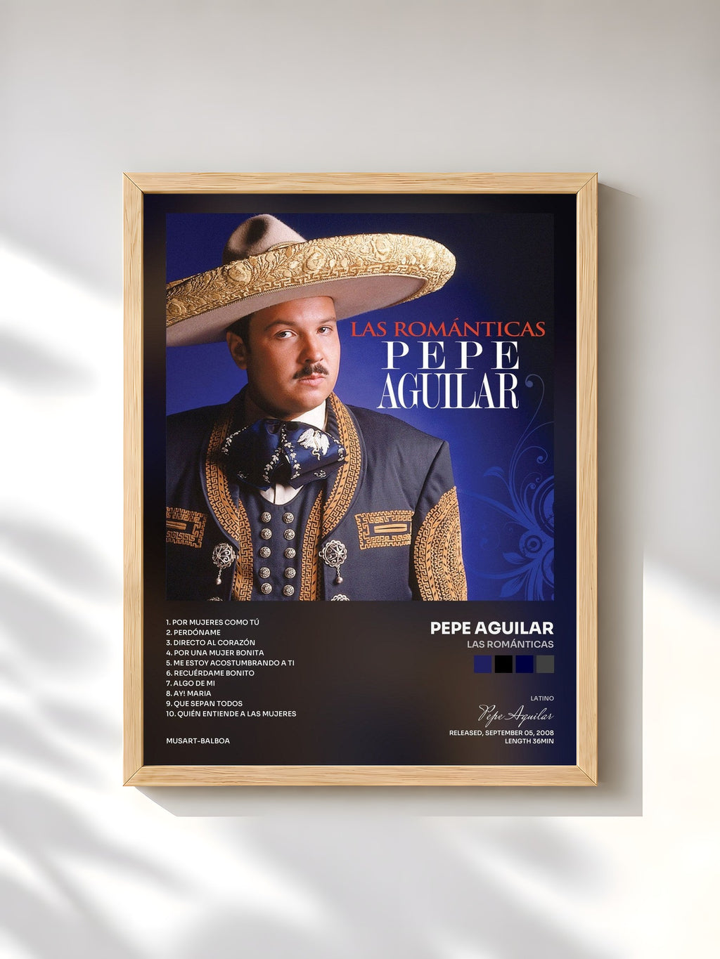 #bois Tableau de l'album Las Románticas de Pepe Aguilar, cadre en bois brut, imprimé et encadré en France