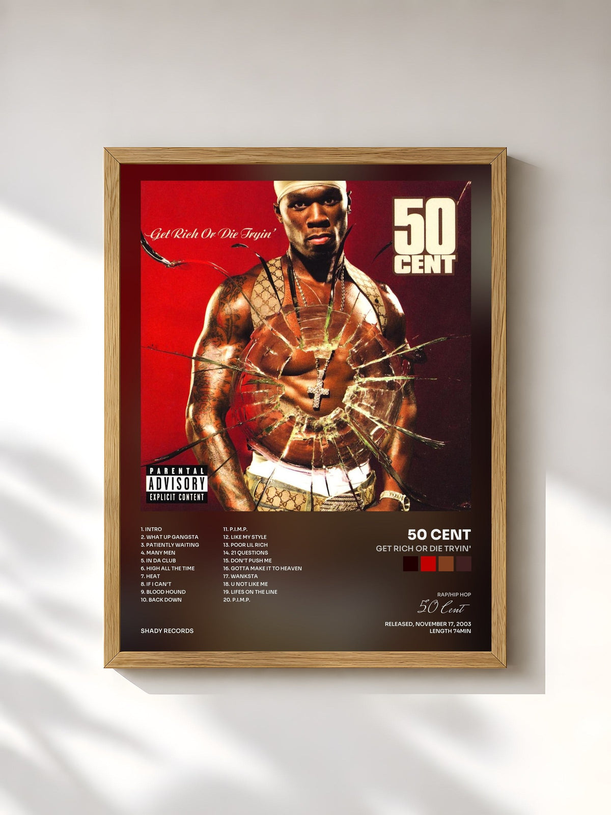 #bois Tableau de l'album Get Rich Or Die Tryin de 50 Cent, cadre en bois brut, imprimé et encadré en France