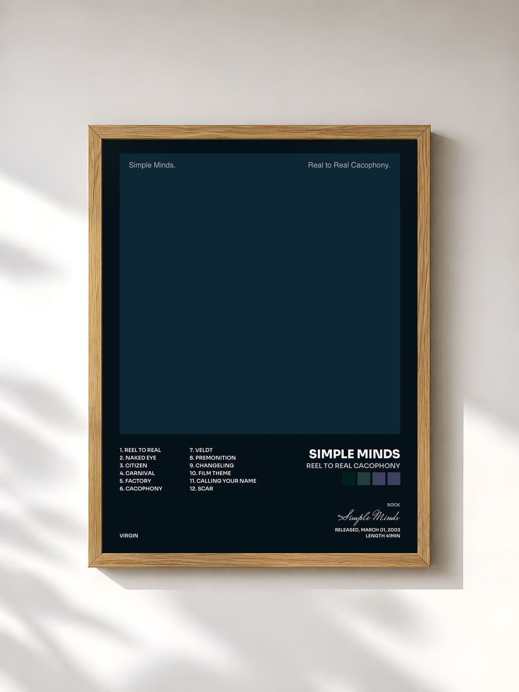 #bois Tableau de l'album Reel To Real Cacophony de Simple Minds, cadre en bois brut, imprimé et encadré en France