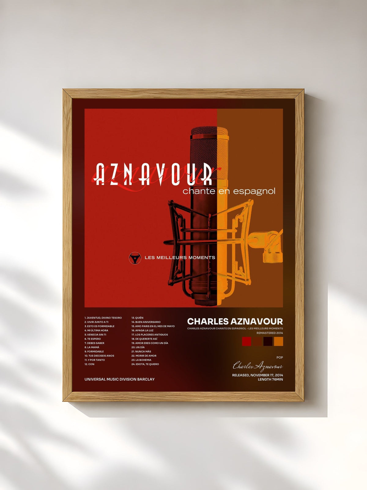 #bois Tableau de l'album Charles Aznavour chante en espagnol - Les meilleurs moments (Remastered 2014) de Charles Aznavour, cadre en bois brut, imprimé et encadré en France