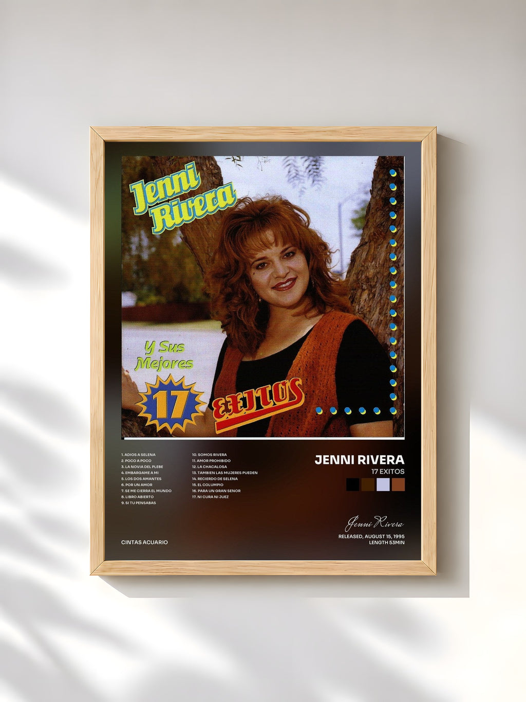 #bois Tableau de l'album 17 Exitos de Jenni Rivera, cadre en bois brut, imprimé et encadré en France