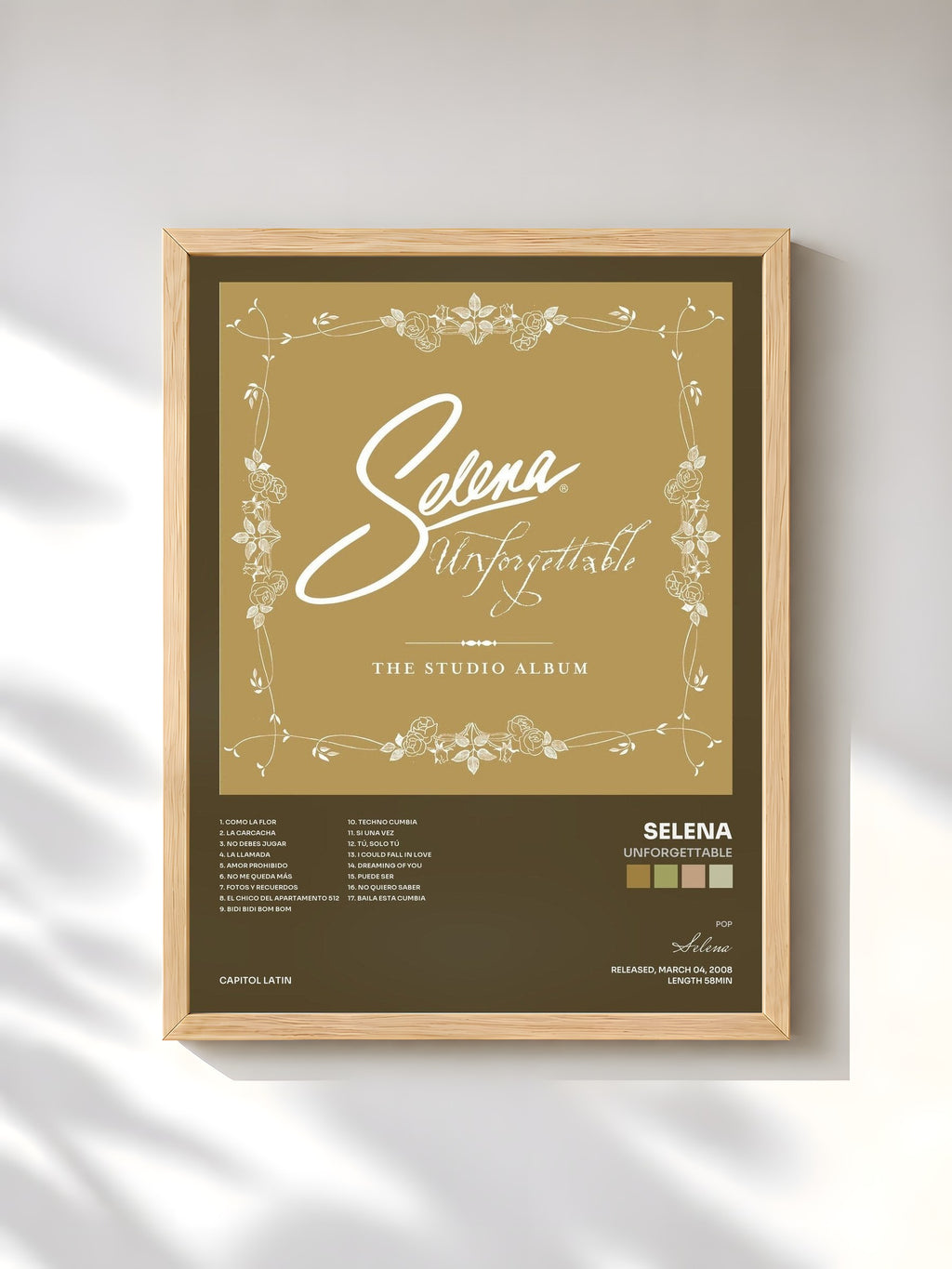 #bois Tableau de l'album Unforgettable de Selena, cadre en bois brut, imprimé et encadré en France