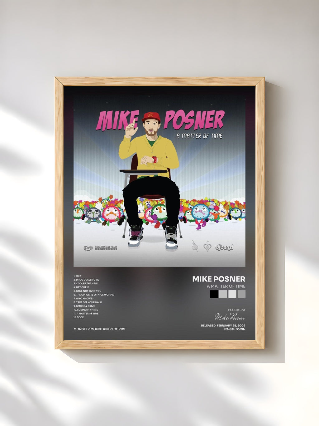#bois Tableau de l'album A Matter Of Time de Mike Posner, cadre en bois brut, imprimé et encadré en France