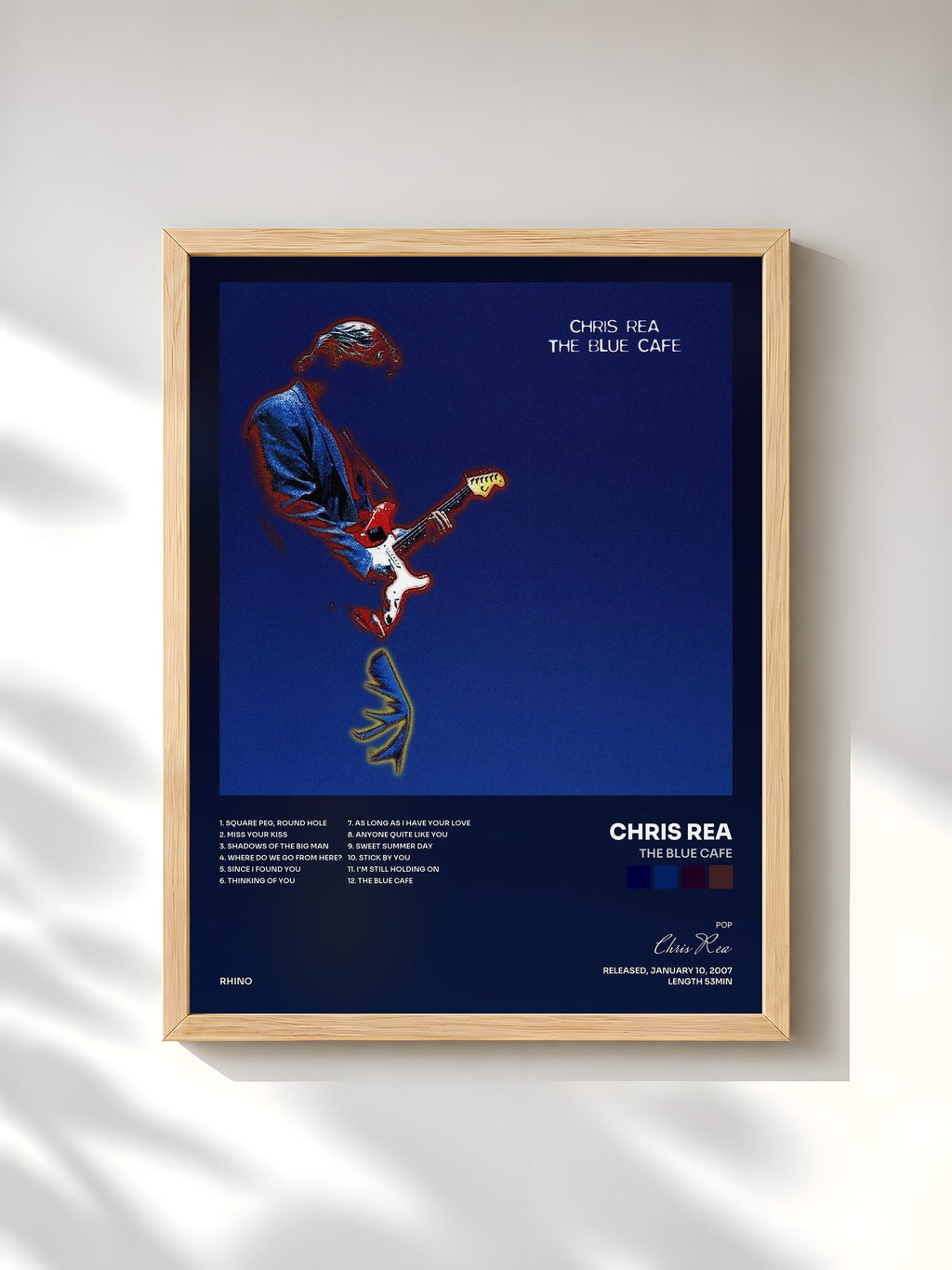 #bois Tableau de l'album The Blue Cafe de Chris Rea, cadre en bois brut, imprimé et encadré en France