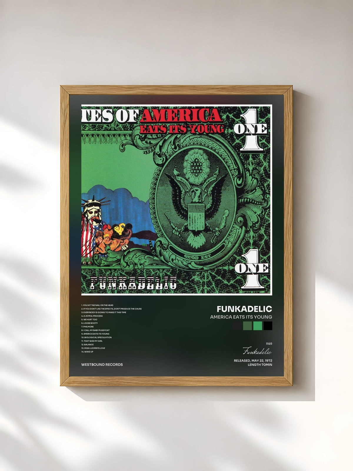 #bois Tableau de l'album America Eats Its Young de Funkadelic, cadre en bois brut, imprimé et encadré en France