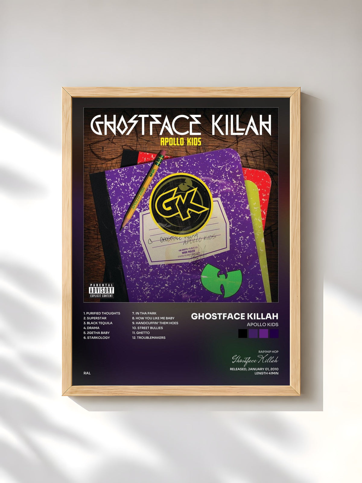 #bois Tableau de l'album Apollo Kids de Ghostface Killah, cadre en bois brut, imprimé et encadré en France
