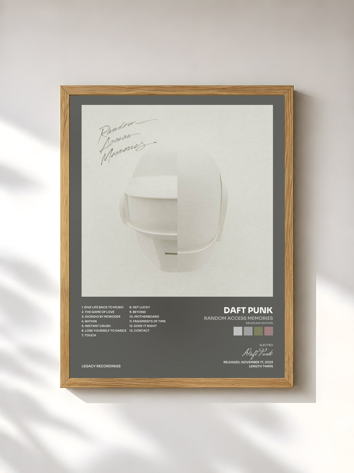 #bois Tableau de l'album Random Access Memories (Drumless Edition) de Daft Punk, cadre en bois brut, imprimé et encadré en France