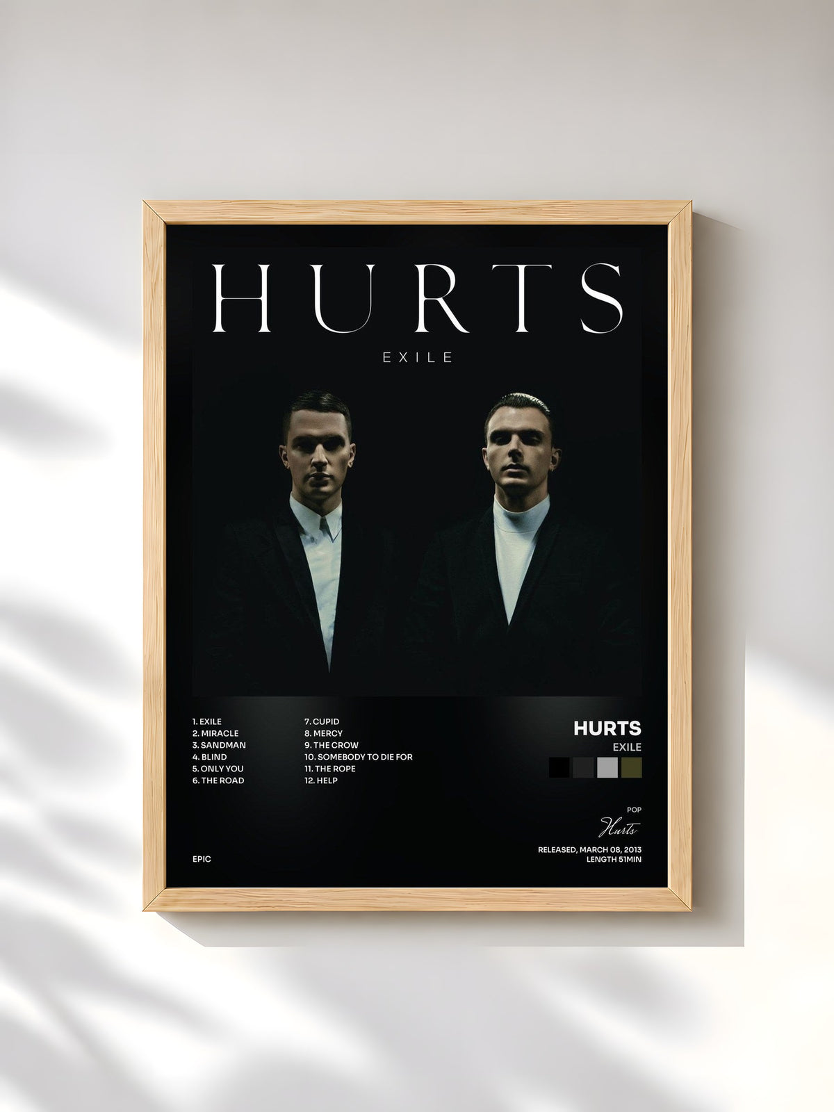 #bois Tableau de l'album Exile de Hurts, cadre en bois brut, imprimé et encadré en France