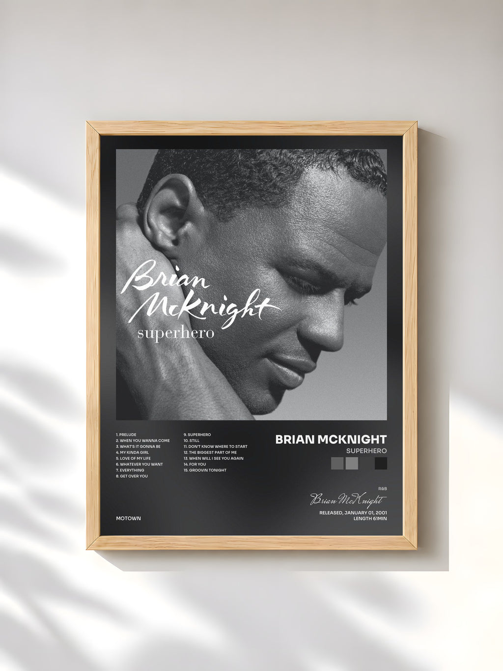 #bois Tableau de l'album Superhero de Brian McKnight, cadre en bois brut, imprimé et encadré en France