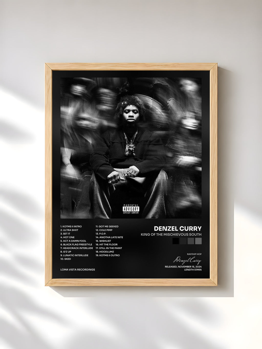 #bois Tableau de l'album KING OF THE MISCHIEVOUS SOUTH de Denzel Curry, cadre en bois brut, imprimé et encadré en France