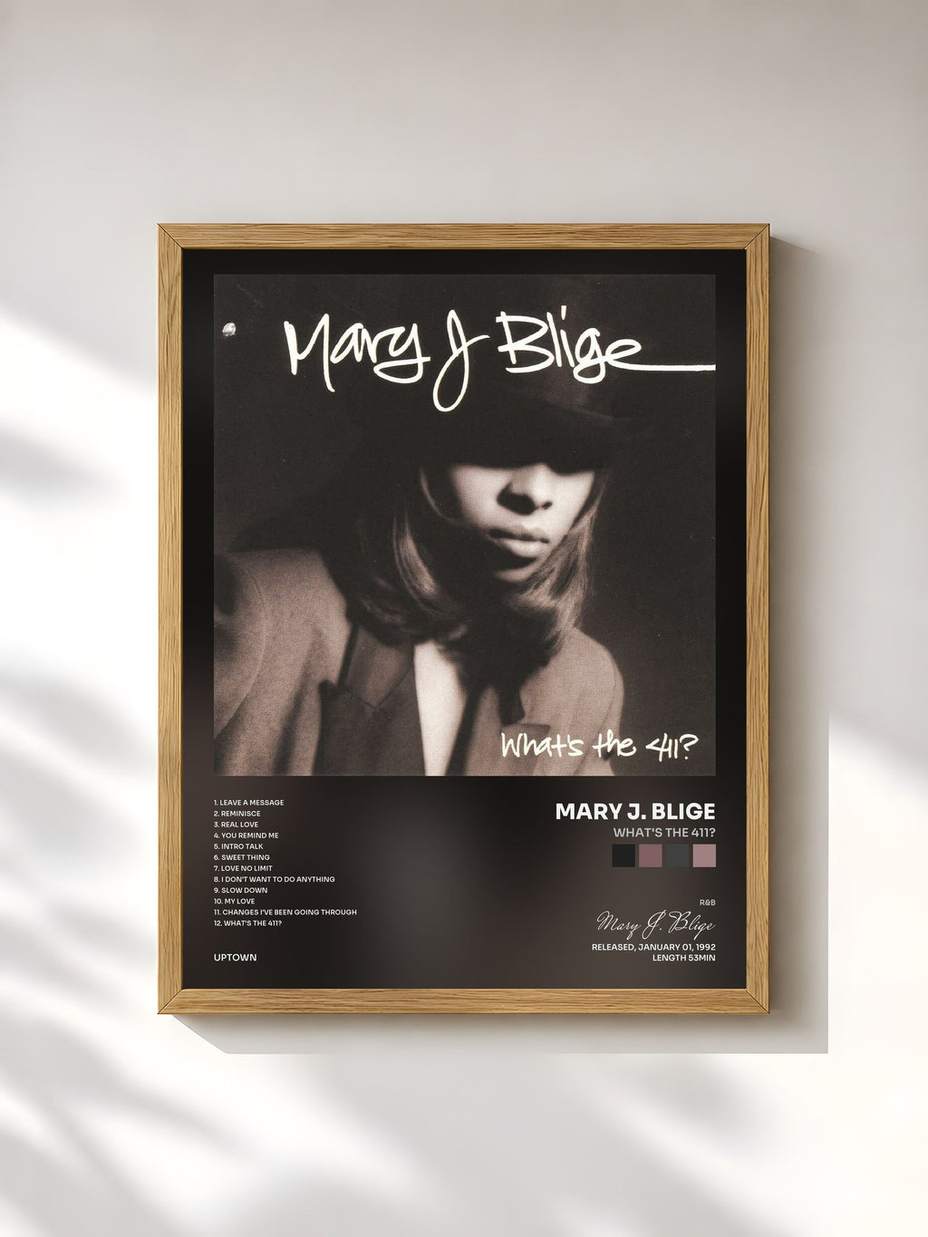 #bois Tableau de l'album What's The 411? de Mary J. Blige, cadre en bois brut, imprimé et encadré en France