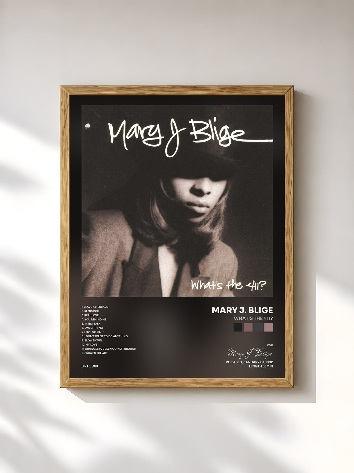 #bois Tableau de l'album What's The 411? de Mary J. Blige, cadre en bois brut, imprimé et encadré en France