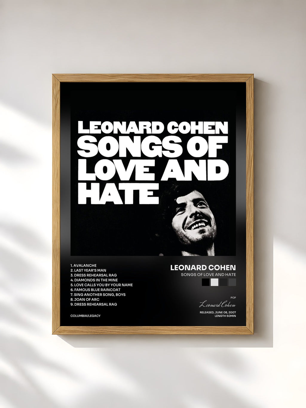 #bois Tableau de l'album Songs Of Love And Hate de Leonard Cohen, cadre en bois brut, imprimé et encadré en France