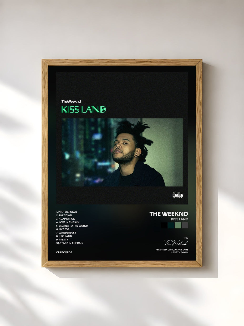 #bois Tableau de l'album Kiss Land de The Weeknd, cadre en bois brut, imprimé et encadré en France