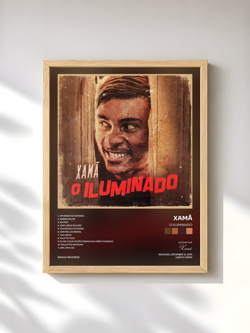 #bois Tableau de l'album O Iluminado de Xamã, cadre en bois brut, imprimé et encadré en France