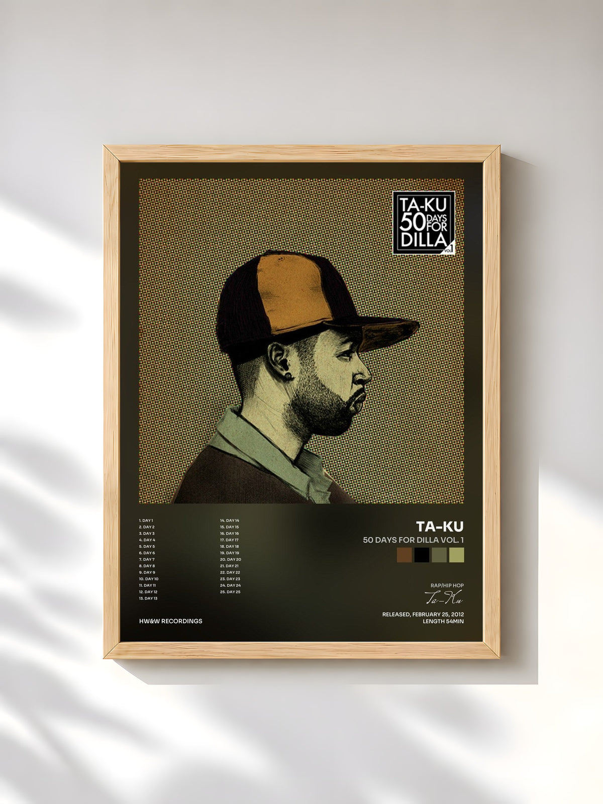 #bois Tableau de l'album 50 Days For Dilla Vol. 1 de Ta-Ku, cadre en bois brut, imprimé et encadré en France