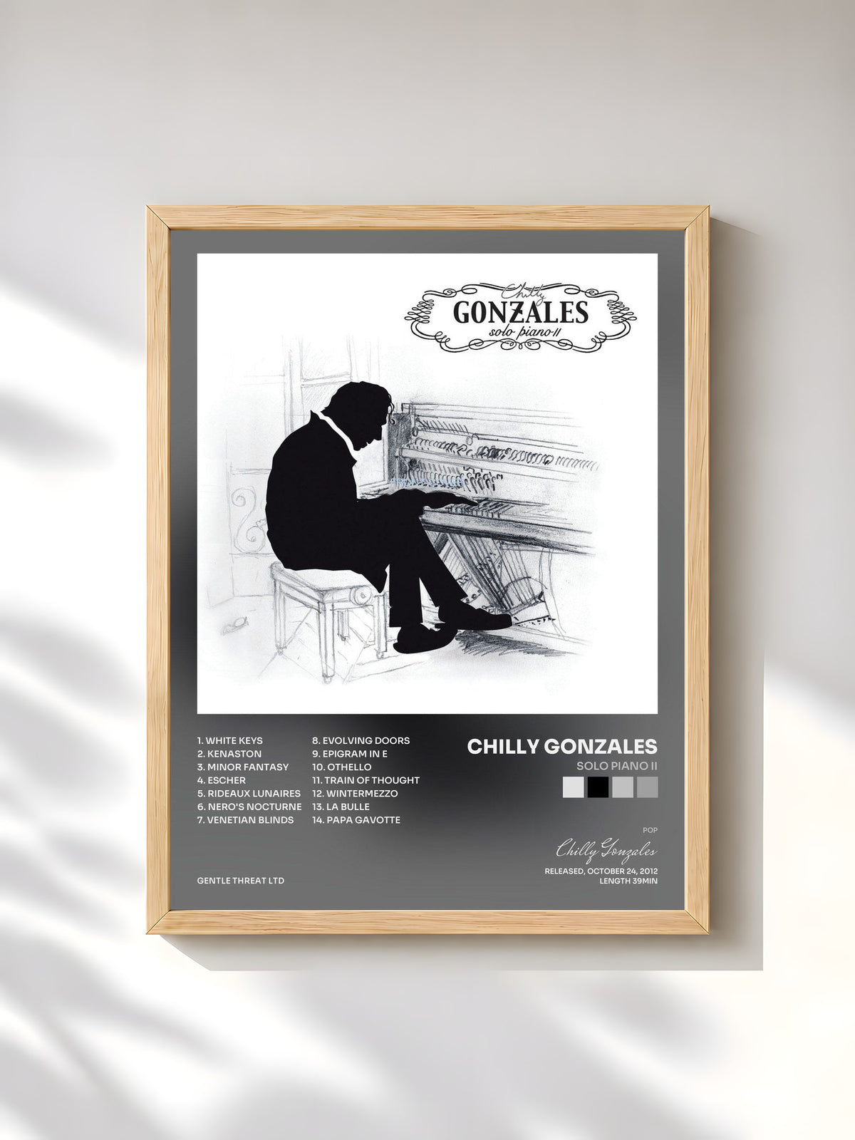 #bois Tableau de l'album Solo Piano II de Chilly Gonzales, cadre en bois brut, imprimé et encadré en France