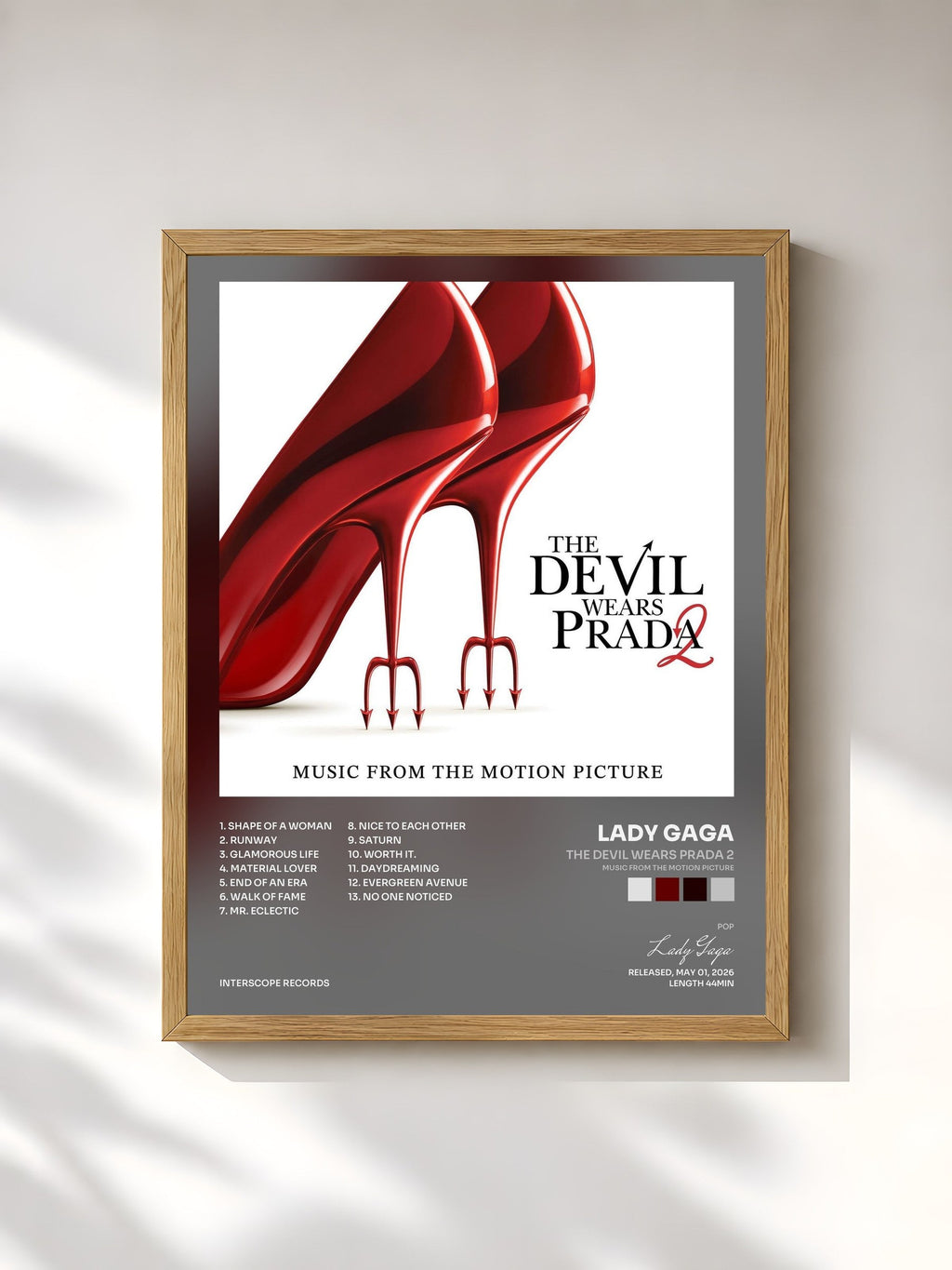 #bois Tableau de l'album The Devil Wears Prada 2 (Music From The Motion Picture) de Lady Gaga, cadre en bois brut, imprimé et encadré en France