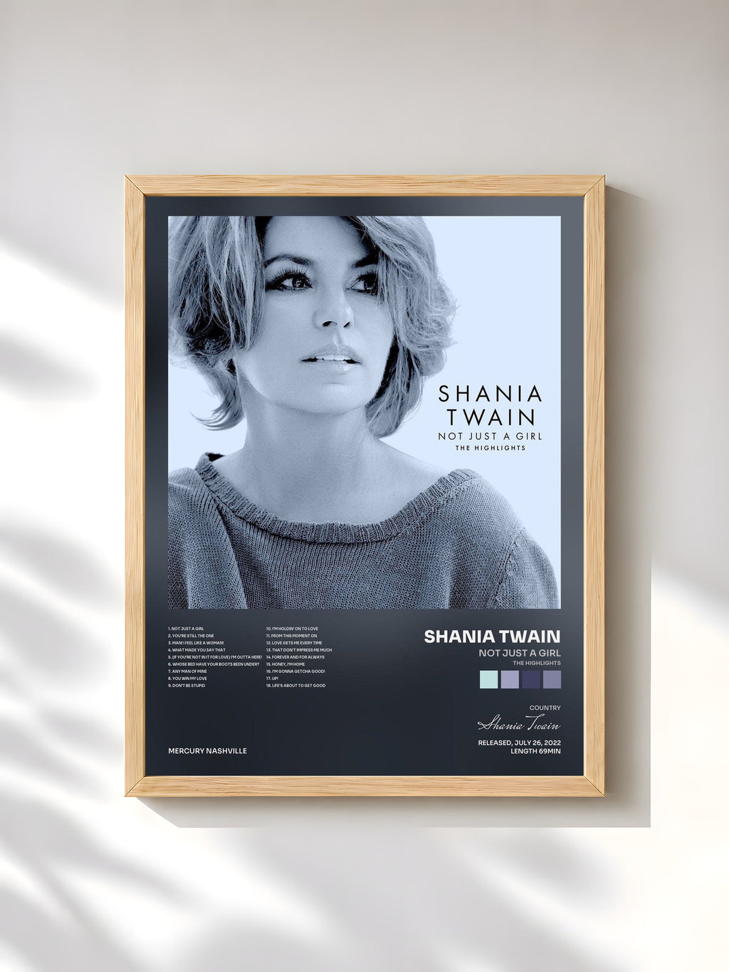 #bois Tableau de l'album Not Just A Girl (The Highlights) de Shania Twain, cadre en bois brut, imprimé et encadré en France