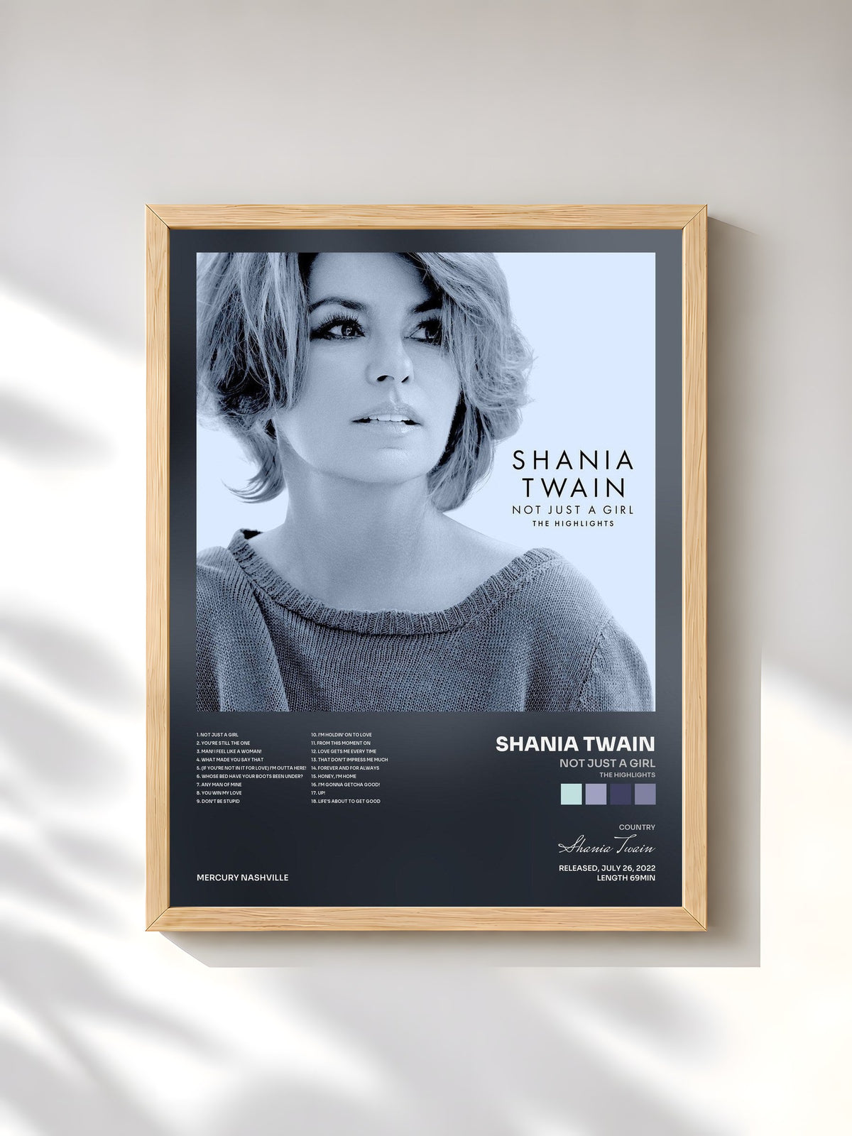 #bois Tableau de l'album Not Just A Girl (The Highlights) de Shania Twain, cadre en bois brut, imprimé et encadré en France