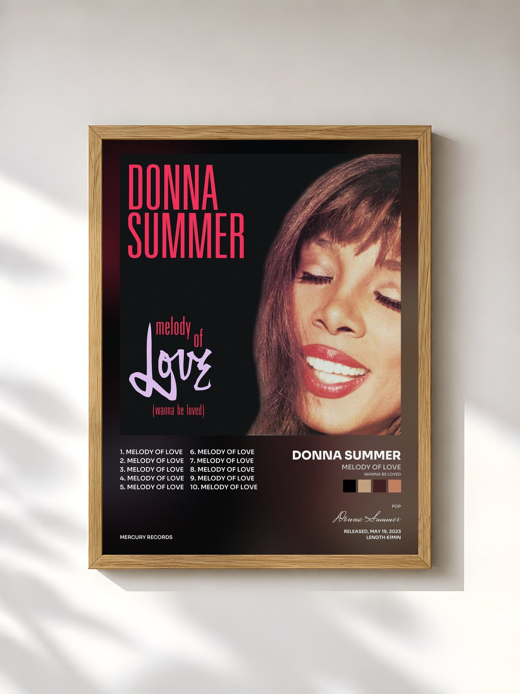 #bois Tableau de l'album Melody Of Love (Wanna Be Loved) de Donna Summer, cadre en bois brut, imprimé et encadré en France