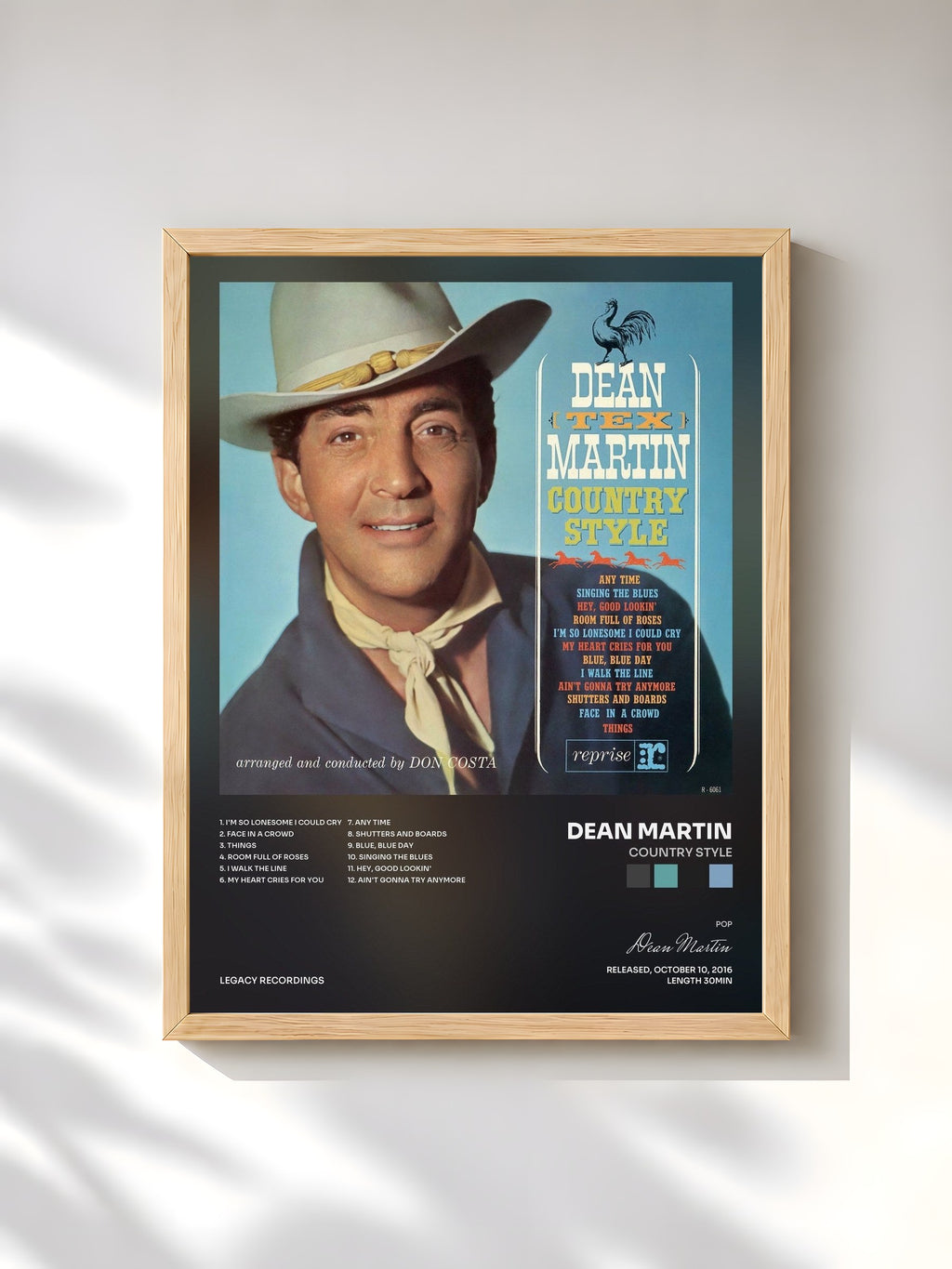 #bois Tableau de l'album Country Style de Dean Martin, cadre en bois brut, imprimé et encadré en France