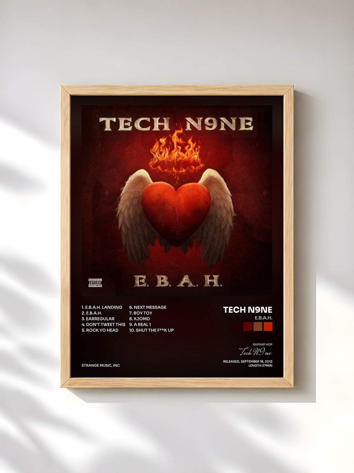 #bois Tableau de l'album E.B.A.H. de Tech N9ne, cadre en bois brut, imprimé et encadré en France