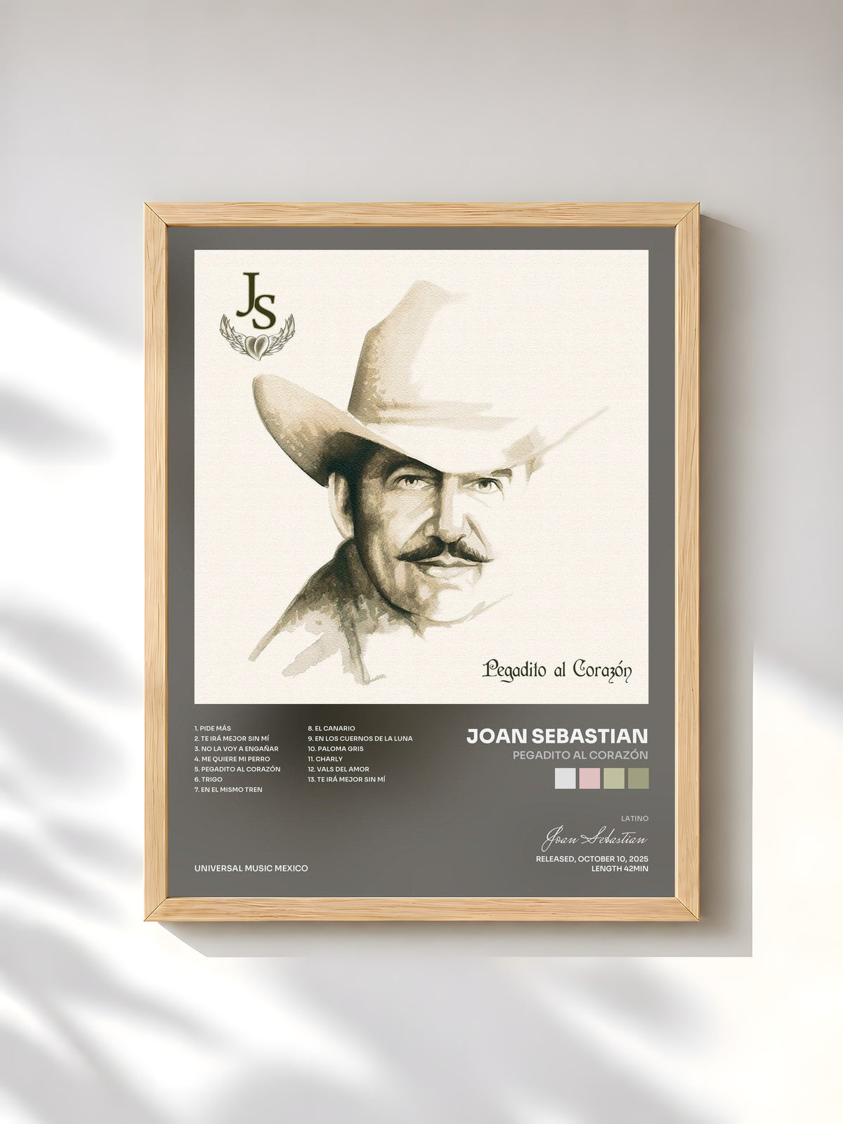 #bois Tableau de l'album Pegadito Al Corazón de Joan Sebastian, cadre en bois brut, imprimé et encadré en France