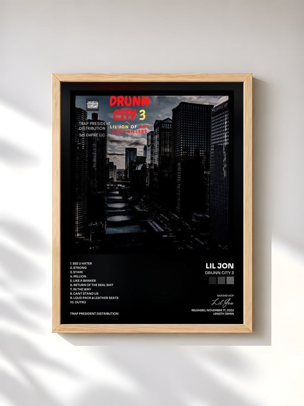#bois Tableau de l'album Drunn City 3 de Lil Jon, cadre en bois brut, imprimé et encadré en France