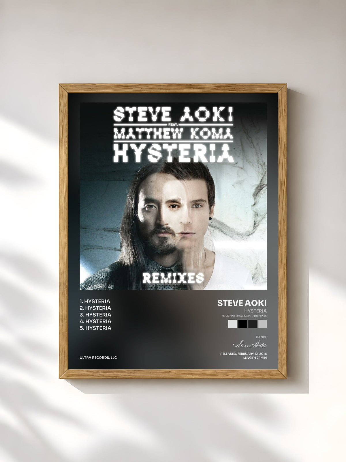 #bois Tableau de l'album Hysteria (feat. Matthew Koma) (Remixes) de Steve Aoki, cadre en bois brut, imprimé et encadré en France