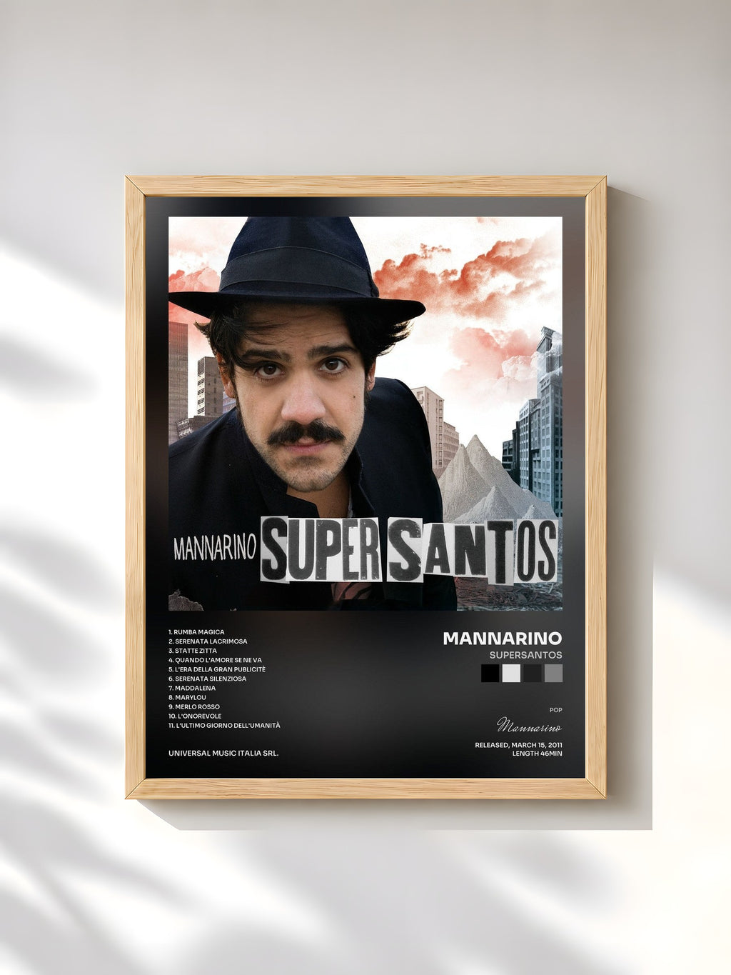 #bois Tableau de l'album Supersantos de Mannarino, cadre en bois brut, imprimé et encadré en France