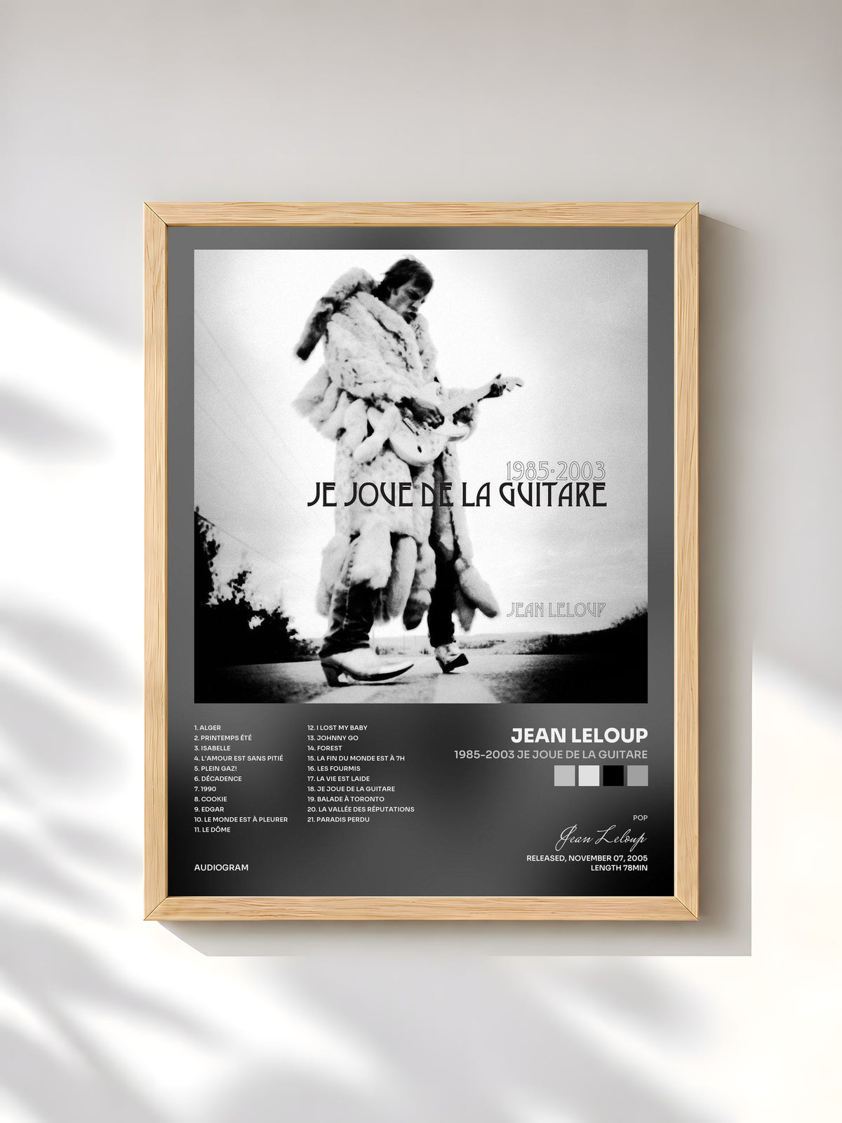 #bois Tableau de l'album 1985-2003 Je joue de la guitare de Jean Leloup, cadre en bois brut, imprimé et encadré en France