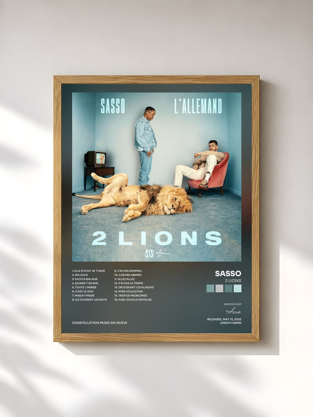 #bois Tableau de l'album 2 Lions de Sasso, cadre en bois brut, imprimé et encadré en France