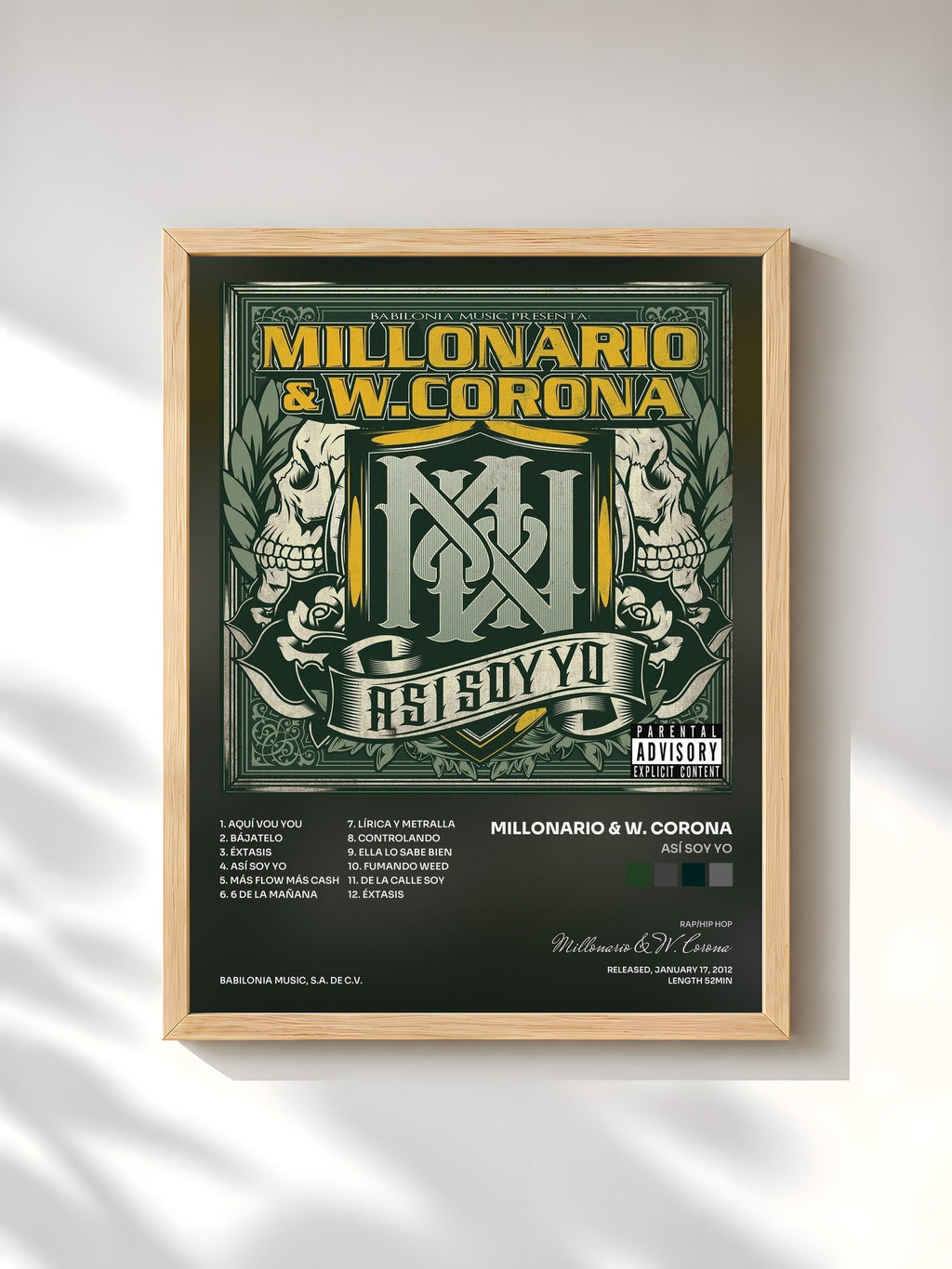 #bois Tableau de l'album Así Soy Yo de Millonario & W. Corona, cadre en bois brut, imprimé et encadré en France