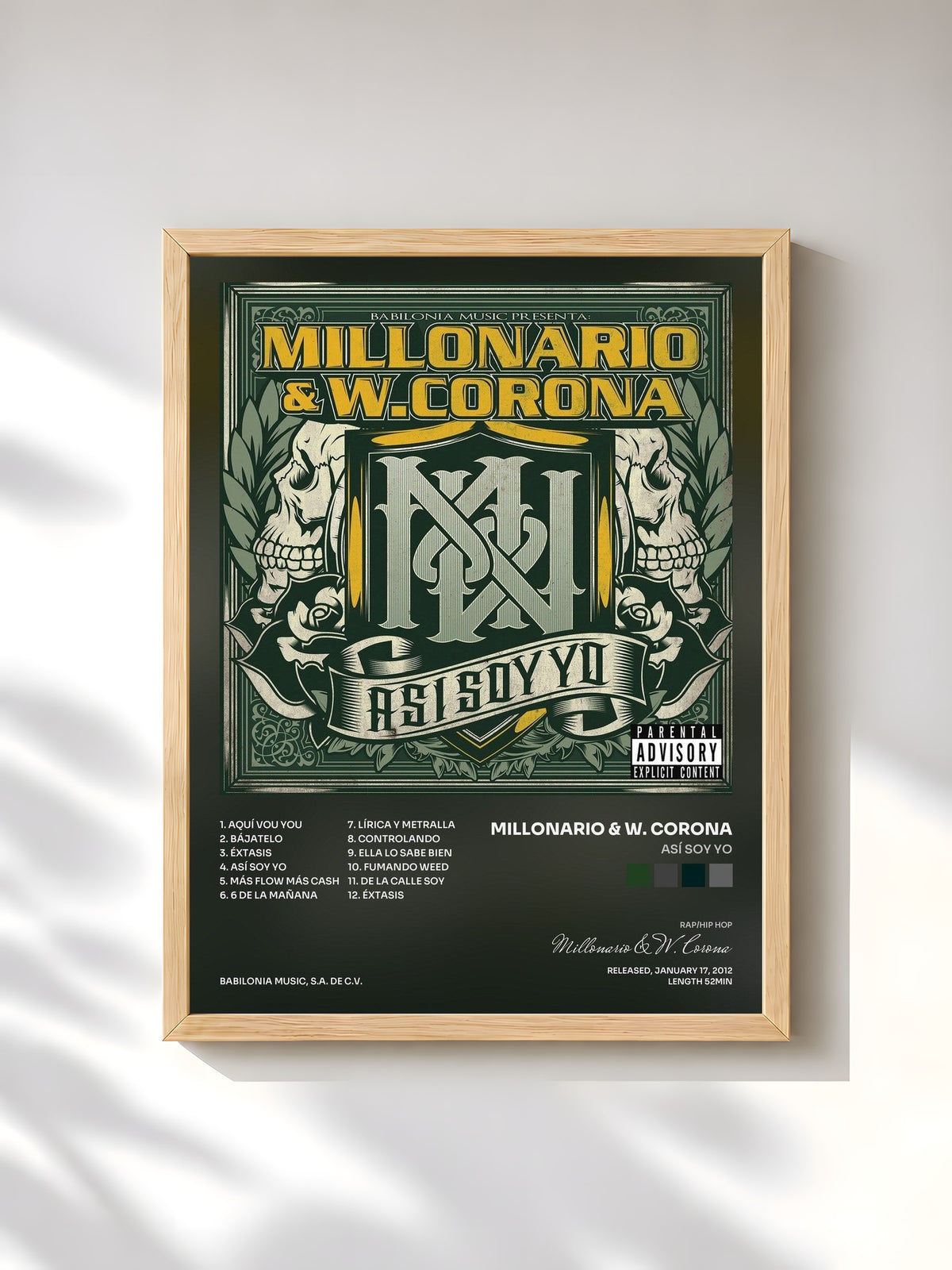 #bois Tableau de l'album Así Soy Yo de Millonario & W. Corona, cadre en bois brut, imprimé et encadré en France