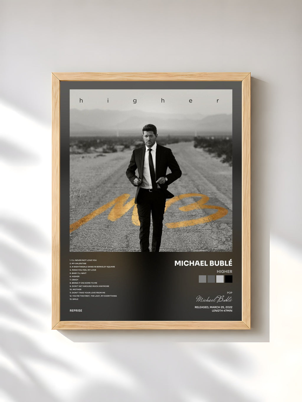 #bois Tableau de l'album Higher de Michael Bublé, cadre en bois brut, imprimé et encadré en France