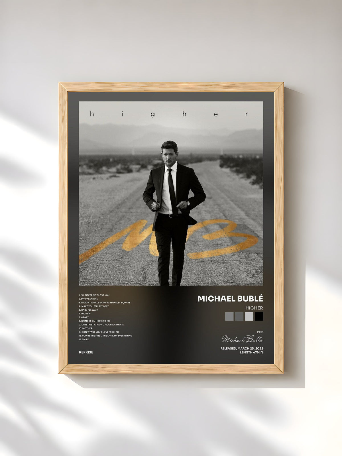 #bois Tableau de l'album Higher de Michael Bublé, cadre en bois brut, imprimé et encadré en France