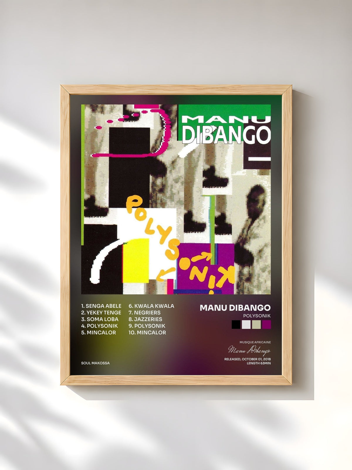 #bois Tableau de l'album Polysonik de Manu Dibango, cadre en bois brut, imprimé et encadré en France
