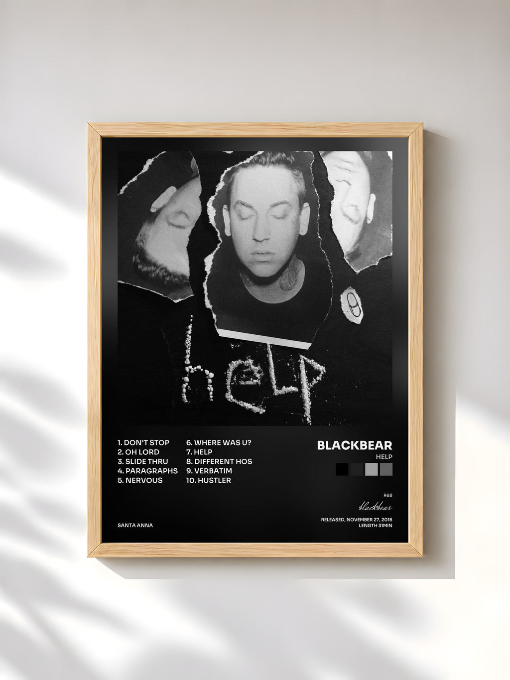 #bois Tableau de l'album help de blackbear, cadre en bois brut, imprimé et encadré en France